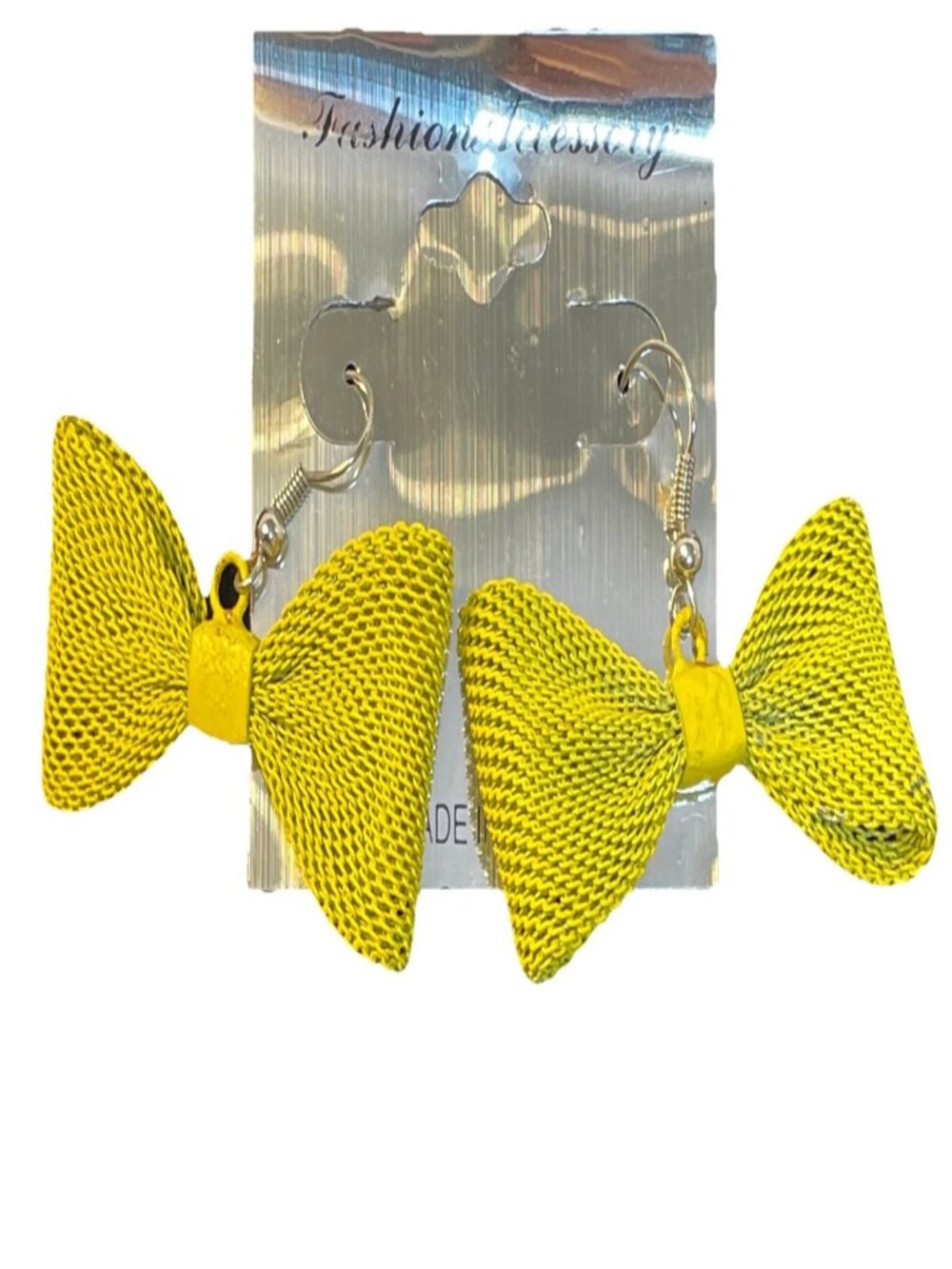 Yellow Mesh Bow Dangle Earrings Mustard Waffle Knit Fashion Jewelry Cute